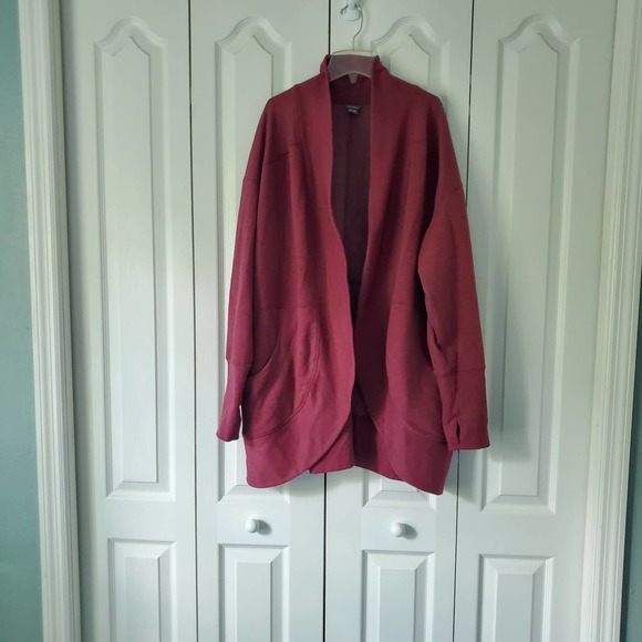 Eddie Bauer Camp Fleece Cardigan 2X Burgundy Soft Open Cozy Layering Casual Long - Picture 2 of 15